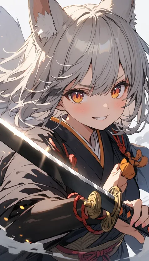 Fox、((8k、samurai girl、Holding a small sword、 fox ears、fog)),  short、Calm face、Gray Hair、sparks