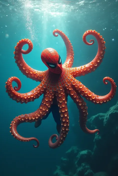 Give me image in which looking safrate octopus and spiderman each other in sea