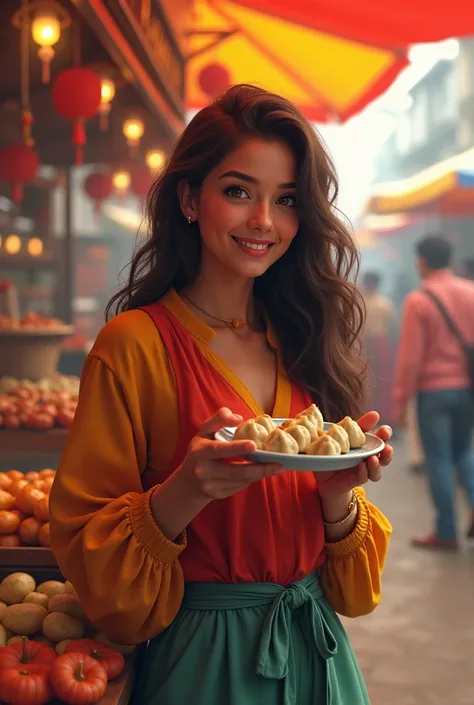 A realistc young, beautiful girl with long hair, wearing a casual and colorful outfit, eating momo with an excited and cheerful expression. She is holding a small round  momo in one hand and a small plate in the other. The setting is a vibrant Indian stree...