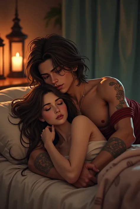 A muscular young man with Thai tattoos on his arms and chest, reclining his head, a girl with long brown hair who is sleeping, her eyes are resting on his shoulders. Both are in a warm and romantic atmosphere, wearing vintage Thai outfits, accented with wa...