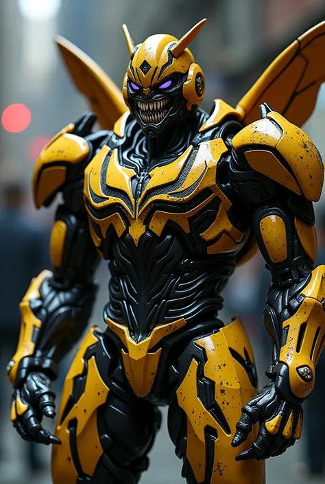 Appearance:

Body: A sleek, metallic frame with the yellow-and-black color scheme of Bumblebee, now veined with pulsing black symbiote tendrils.
Face: A blend of Bumblebees robotic visage and Venoms monstrous features, including sharp teeth and a long, sli...