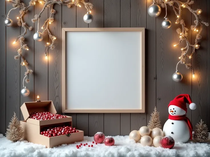 Un décor intérieur hivernal sur le thème de Noël, avec un fond en bois gris vieilli et une ambiance chaleureuse. Des branches nues décorées de guirlandes lumineuses blanches tombent du haut, créant un effet féérique. Des boules argentées et des flocons de ...