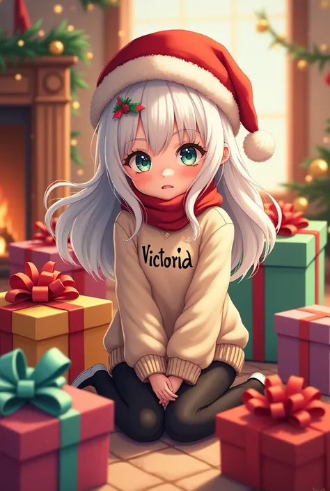 An animated Christmas image ,  from a girl with white hair and cozy Christmas clothes with the name Victoria on her chest and also a red Christmas hat, That she is sitting around her with presents  