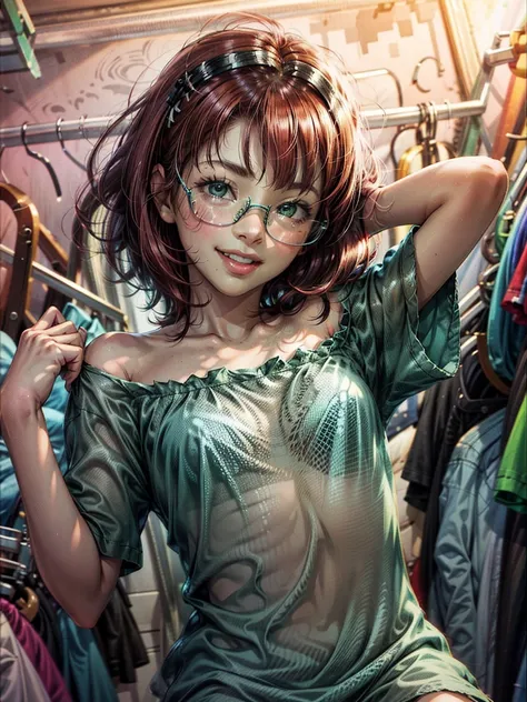 Short,  red hair , barrette ,  green eyes ,  metal-framed glasses,  green t-shirt dress, smiling girl in the closet with clothes.