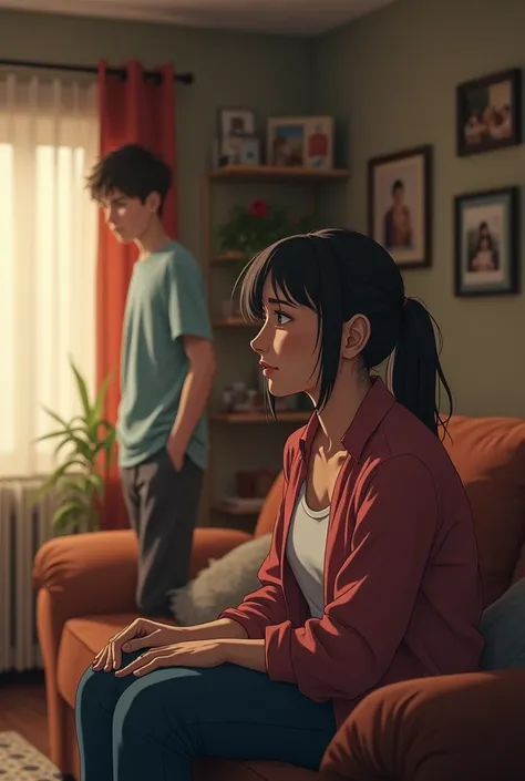 "A heartfelt scene in a cozy living room. A 45 year old  lady sits on a couch, her expression filled with sadness and emotional pain as she looks down, holding back tears. Behind  her teenage son talking  angry on her.." Anime pic look realistic