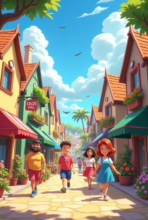 Gordish streets warm summer day 
people are walking down the street and smiling 
cartoon style