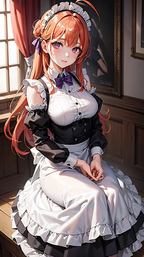 masterpiece,  best quality , 1 Girl,  Purple Eyes ,  Orange Hair ,maid headdress, maid,