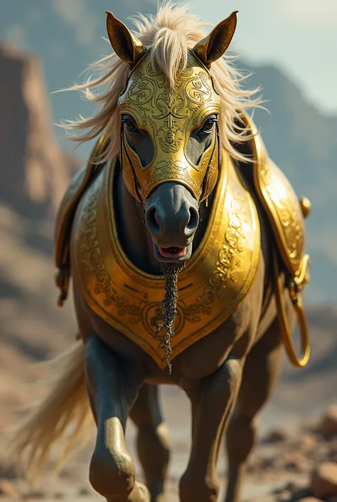 Venom-faced horse wearing gold armor