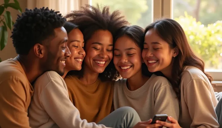 A moment of friends or family smiling together, symbolizing the warmth of connection and support. not cartoon. human. male