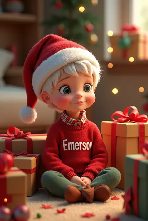 An animated Christmas image ,  from a boy with white hair and cozy Christmas clothes with the name Emerson on his chest and also a red Christmas hat, That he is sitting around him with gifts  