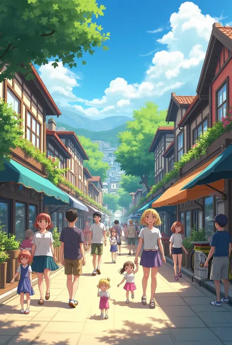 Gordish streets warm summer day 
people are walking down the street and smiling 
anime style