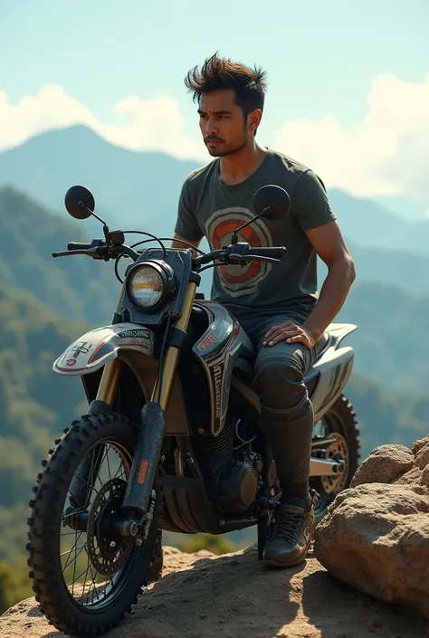 A thin Indonesian man in a racing t-shirt wearing knee protection racing pants is sitting on a mountaintop rock looking at a motorcycle cross attached next to him.looks natural