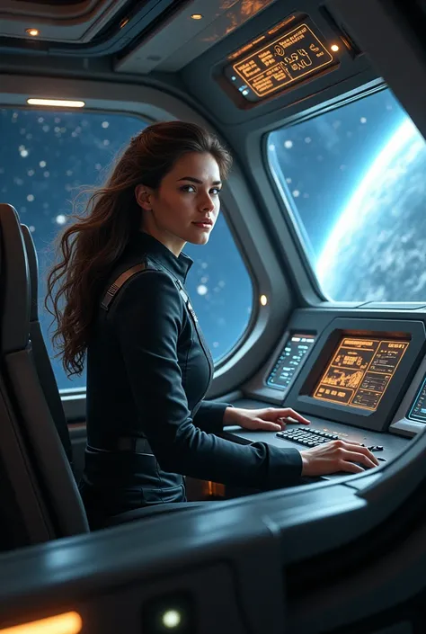  A young brunette woman, Pilot a spaceship ,  she is in control of the starship and travels around the galaxy.