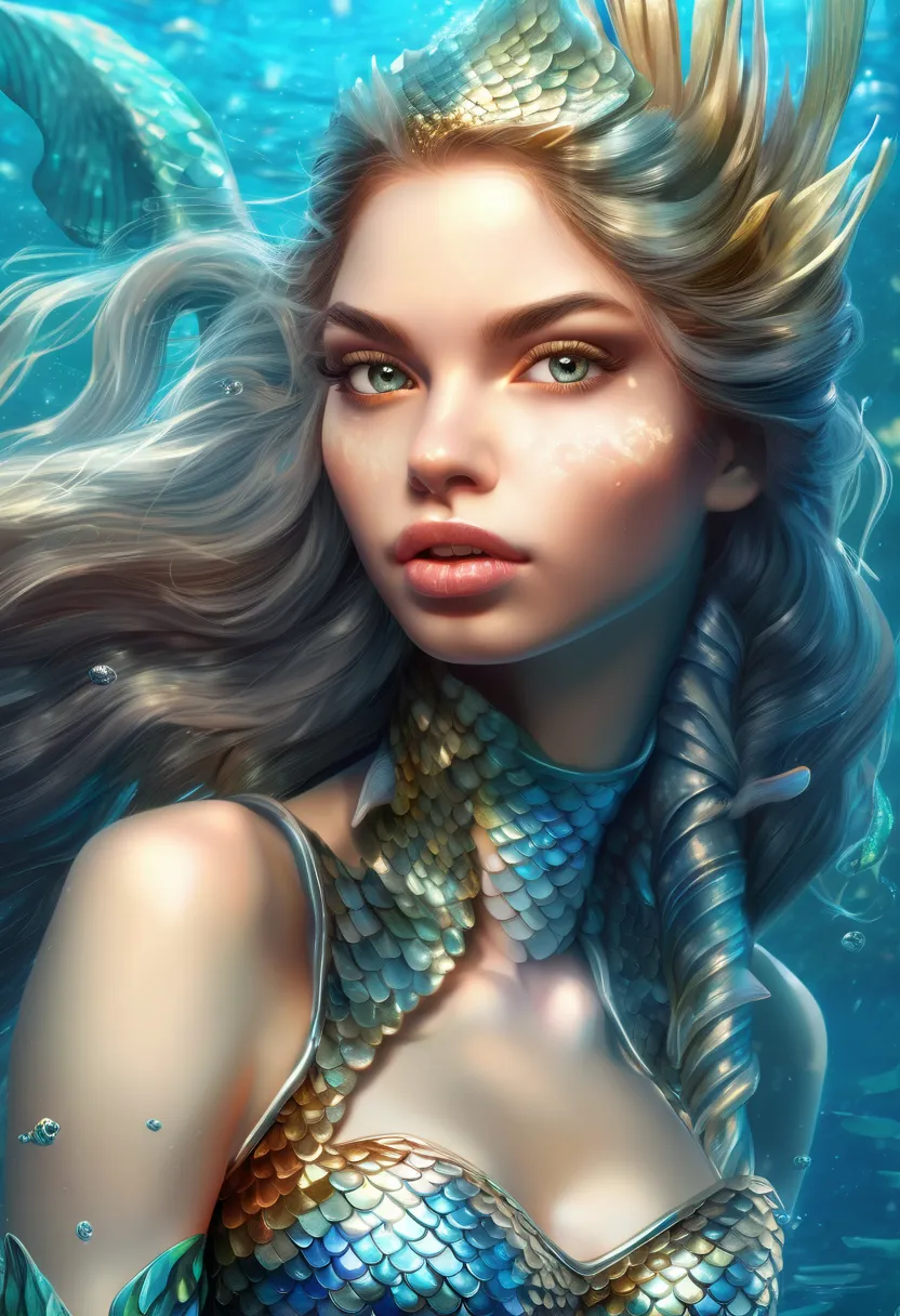 mermaid with blue and gold and silver scales and a fish tail, karol bak uhd, beautiful mermaid, beautiful digital artwork, close...