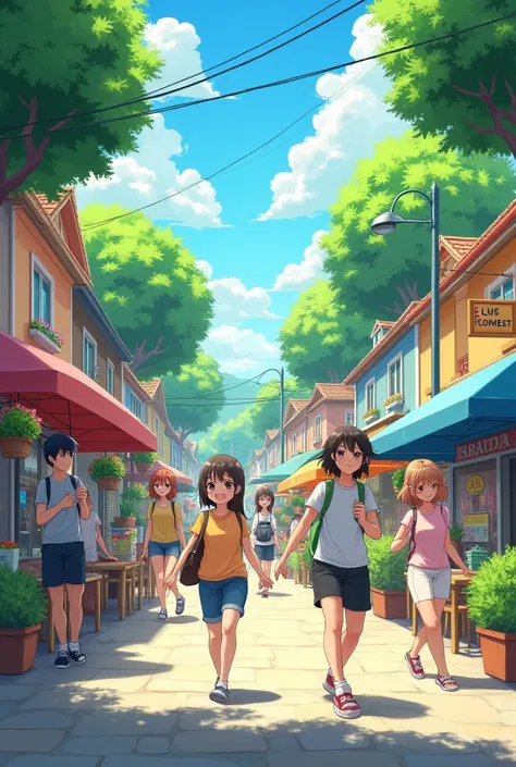 Gordish streets warm summer day 
people are walking down the street and smiling 
anime style