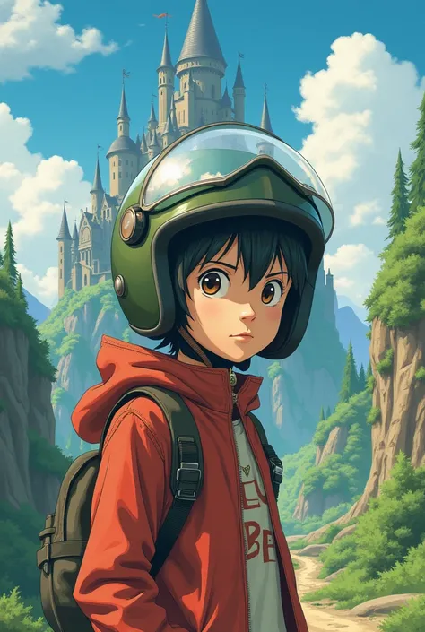 Studio ghibli art style, motorbike helmet, male, howls moving castle anime