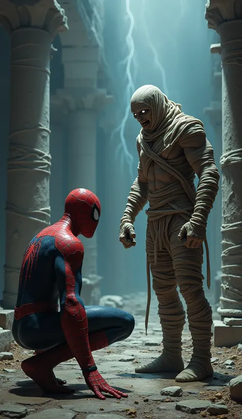 "Create an intense scene with a spider-themed superhero and a mummy, both in an angry stance, facing each other in a dramatic confrontation. The superhero is crouched in a dynamic, aggressive pose, his suit detailed with web patterns, while the mummy, wrap...