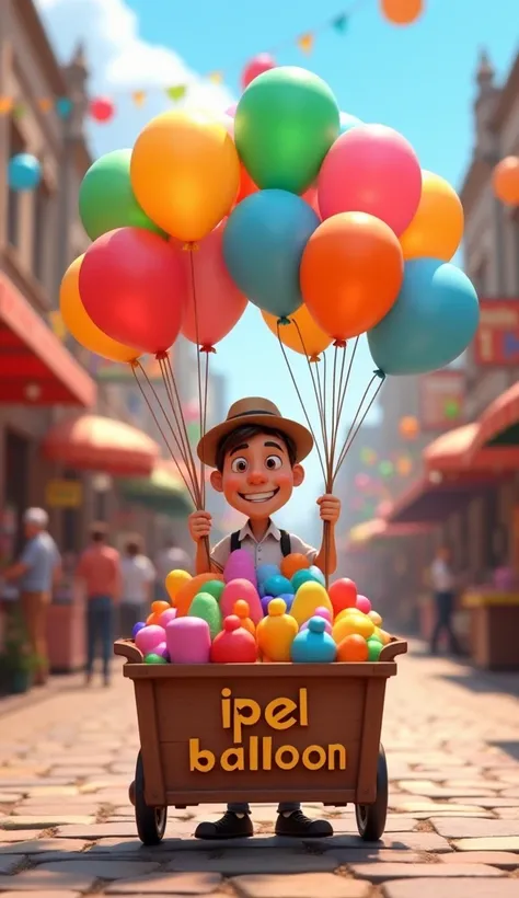 image in 3D animation , bright vibrant color , street view inside a market , looking like a balloon salesman with his cart, on his cart has the inscription "Ipoel Balloon" printed on the side of his cart .
