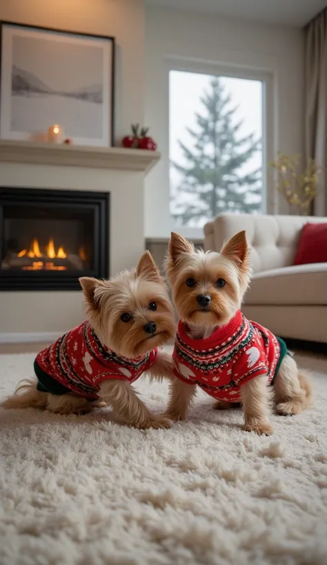  Two Yorkshire Terrier puppy dogs are playing on a soft carpet. The two are wearing a Christmas sweater . They are inside a living room and behind it there is a lit fireplace . There is a large window through which it is snowing .