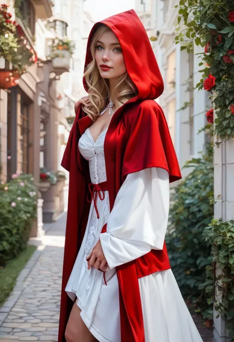 (((  BARELY LEGAL , joli visage, Sexy Little Red Riding Hood))), loup, arbres, (((robe très sexy à décolleté nombril, chemisier bas))),((  tétons visibles)))