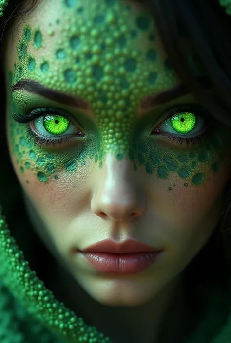 (photorealism:1.2 )woman with green, reptile eyes texture