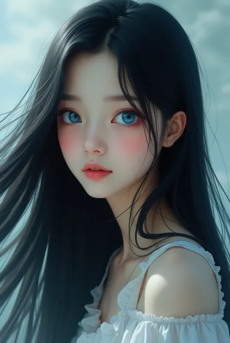 girl with long black hair and sky blue eyes