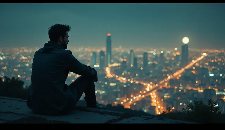 A man sitting on a rooftop or hill, gazing at a city lit up at night, representing introspection about life’s direction.