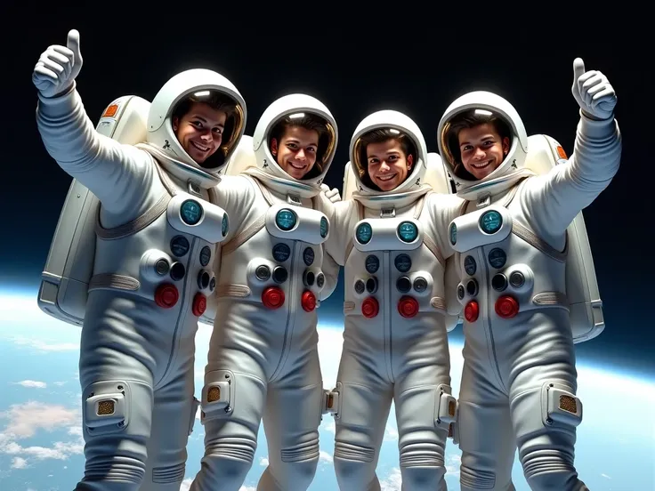 Four astronauts giving thumbs up and smiling