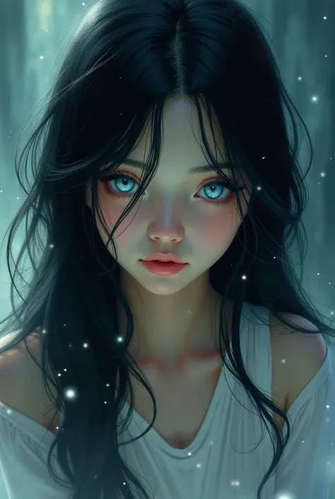 Illustration of a girl with long black hair and light blue eyes