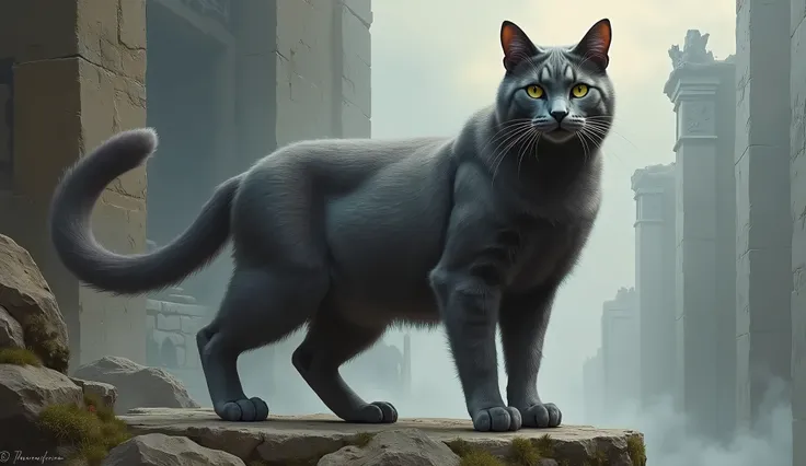 Create a highly detailed illustration of a tall, strong, and elegant grey adult cat, embodying a sense of power and grace. The cat should have striking features, with piercing eyes and a sleek, muscular build. Set against a dramatic fantasy background, rem...