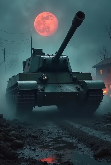 Tiger 1 tank horror view midnight fire mist smoke terrible moon