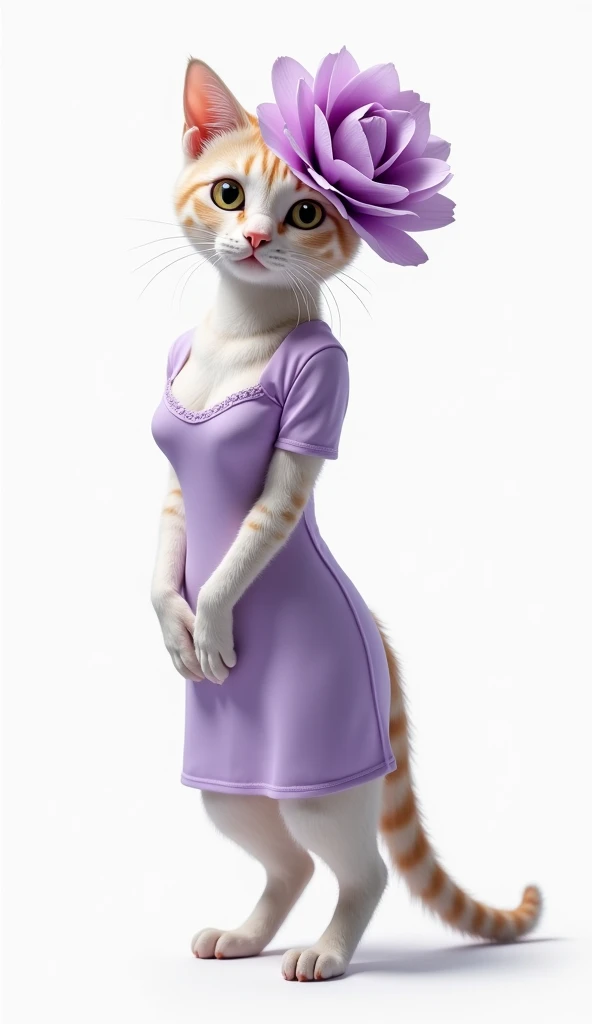 Cat in a lavender tight dress、Pure white background. Big flower on head、Human-like body、Model pose、Realistic human-shaped cat、A cat in human form with beautiful fur、Full body portrait