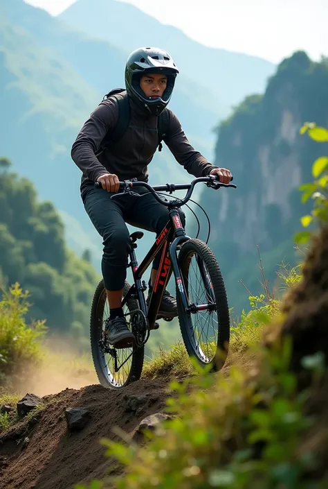 a skinny Indonesian Motorcross  racer, at the top of a steep mountain hill, on a BMX bicycle, in a beautiful nature reserve