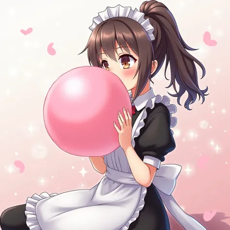 A really super hot maid normal anime girl blowing a gigantic bubble gum 1girl, Blush, High Resolution, Best Quality, Hair, Blush, Smile,she blowing the biggest bubble gum ever,she dont hold the huge pink bubble gum 
While facing in the side,while sitting d...