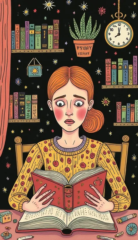 A student sitting in a library at night, surrounded by open books and notebooks, with dark circles under her eyes. She is staring at a clock on the wall with a mix of fear and hopelessness