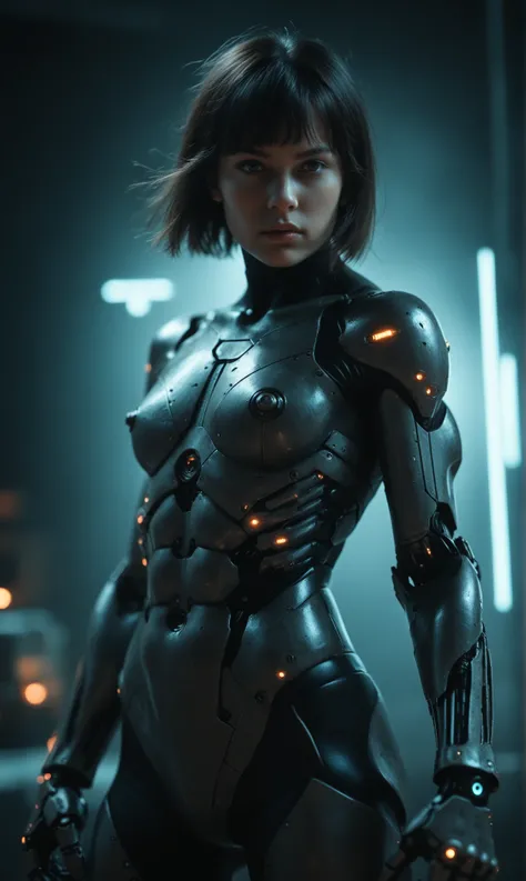 score_9, score_8_up, score_7_up, score_6_up, photo, realism, photorealistic, (cowboy shot), bionic girl, cyborg, black hair, short haircut, straight bangs, square bangs, toned body, , black exoskeleton, posing, fighting stance, looking at viewer, dark ligh...