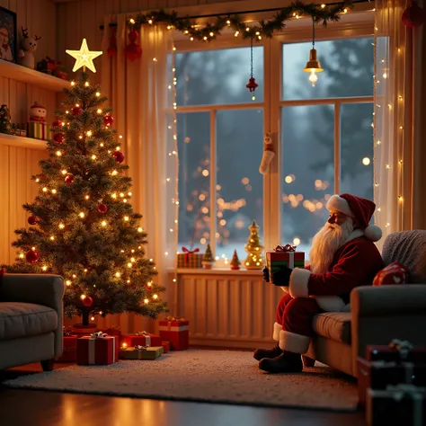 CGI rendered Christmas scene with warm lights inside the room and a night scene outside the large windows. The room is covered in Christmas decorations, including a textured Christmas tree adorned with coloured lights and ornaments. A star shaped ornament ...