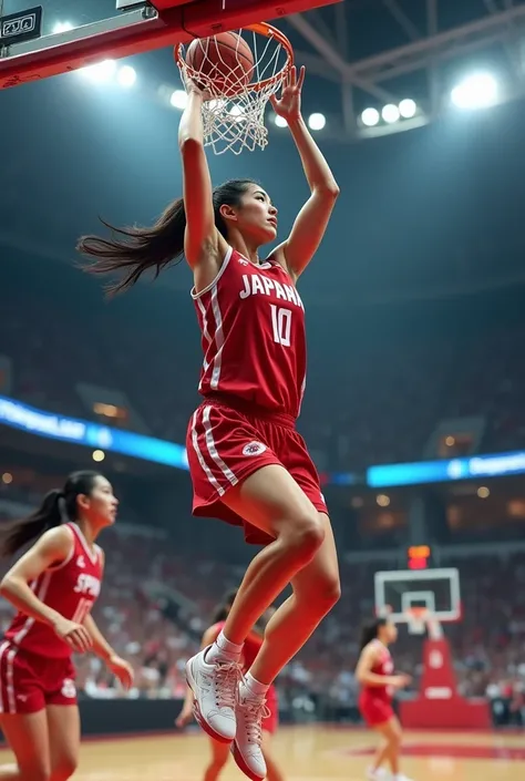 Super beautiful Japanese woman, Japanese national basketball player, at the moment of slam dunking with flamboyance over the opposing teams defense, black hair, ponytail, height 188 cm, weight 68 kg, big breasts, beautiful legs, number 10, sweating, strang...