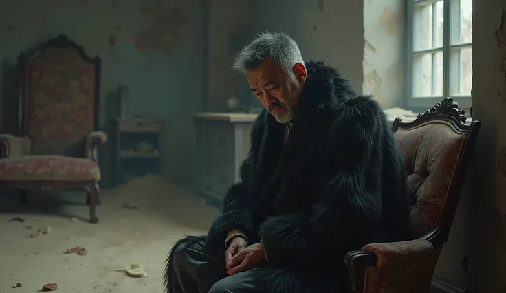 sad asian men wearing inside a dirty clothe black fur clothe, old fashion room the floor have sand context have a dust mist 
