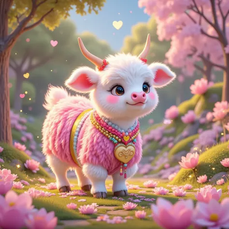  Q version ，side/Back view，Round face contour， The characteristics of a calf can be seen from a perspective，穿着Bright colors的蓬松迷你汉服，Fluffy design，Cute calf with calf ornaments ， ， The background elements are full of dreamy fairytale-like scenes and depth，8K...