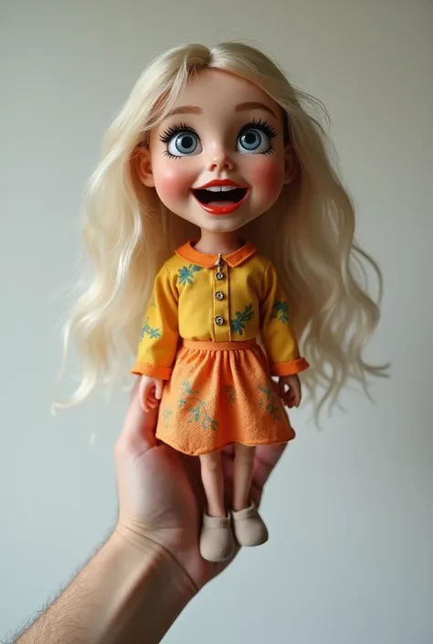 A hand puppet designed as a woman, appearing lifelike and expressive. The puppets details are realistic, with soft facial features, flowing hair, and a vibrant outfit. The hand holding the puppet is entirely hidden within, creating the illusion that the pu...