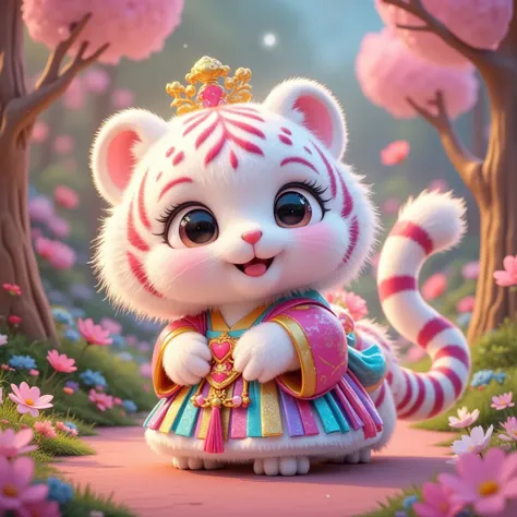  Q version cute little white tiger ，side/Back view，Round face contour， You can see the characteristics of a phoenix from a perspective，穿着Bright colors的蓬松迷你汉服，Fluffy design，Comes with white tiger ornaments ， ， The background elements are full of dreamy fair...