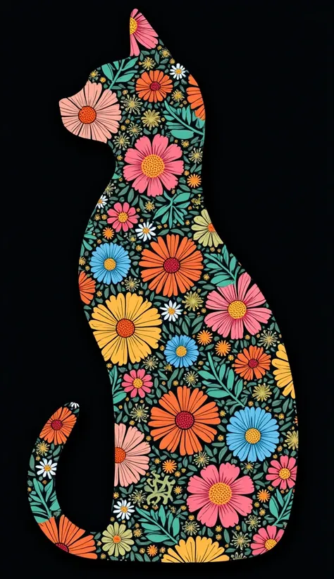 What is the vivid silhouette of a cat 、 is intricately filled with countless colorful floral patterns。 The cats form is outlined on a dark background、 has an emerging flower pattern 。 The flower designs are diverse 、 pink、Yellow、green、Flowers in shades of ...