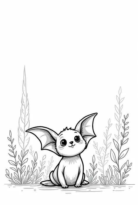 "Create a black-and-white illustration for a rens coloring book. The image should feature a baby bat in a forest setting. The baby bat and the forest background must both be in black and white, with bold, strong, and thick lines suitable for young ren to c...