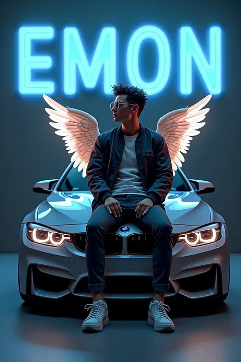 Create a 3D illusion for a profile picture where a

21-Year-old cute boy in a wearing a jacket Sitting casually on a BMW M4 CAR. Wearing sneakers, with black Sun glasses, and sunglasses, he looks ahead. The background features "EMON" in big and capital blu...