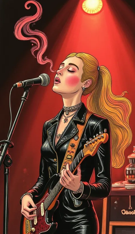 A woman with long, flowing hair dressed in black leather, singing passionately into a vintage microphone. Her electric guitar rests against her as smoke and red stage lights create a dramatic effect around her.