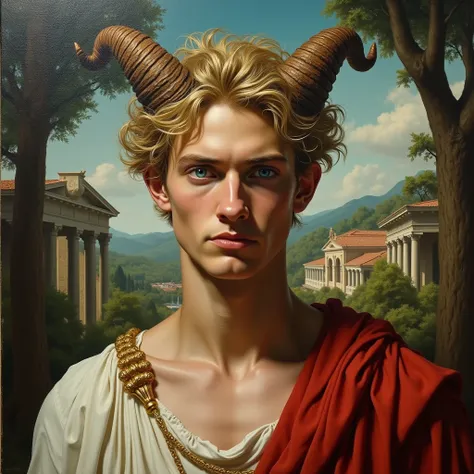 Very beautiful academic painting of a blond man, with blue eyes, with horns, goats foot, with forest around, golden laurel wreath, white and red toga, centered face, detailed face, cinema effect, background image of Roman temple with houses