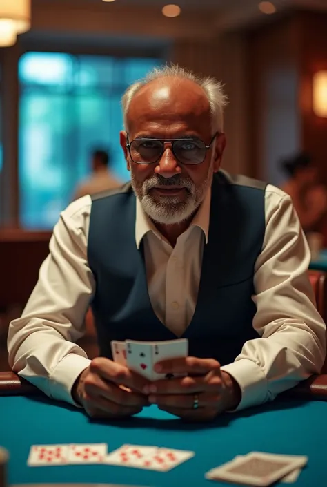 Inside a casino ， An Indian man sitting at a baccarat table ， facing the camera，Smoking a cigarette， holding playing cards in her hands ，旁边坐着两个印度女子也是 facing the camera 。Blue tint，Practical photo with warm colors ， Best Quality，8k，Extremely detailed， realis...