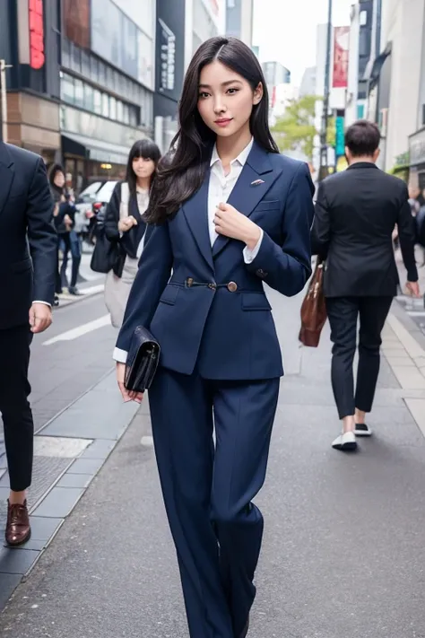 ((masterpiece)), (( best quality)), ( portrait of a beautiful girl), Perfectly detailed eyes,  perfectly detailed faces standing in Harajuku, Ultra detailed nose,  open mouth,  business suit,  navy blue long sleeve jacket、 dark blue slacks 、Perfect Teeth, ...