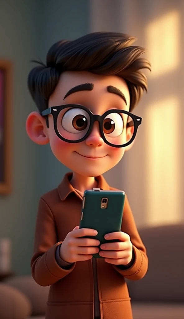 .A  wearing glasses is using a mobile phone. His eyes are very big. Pixar style 